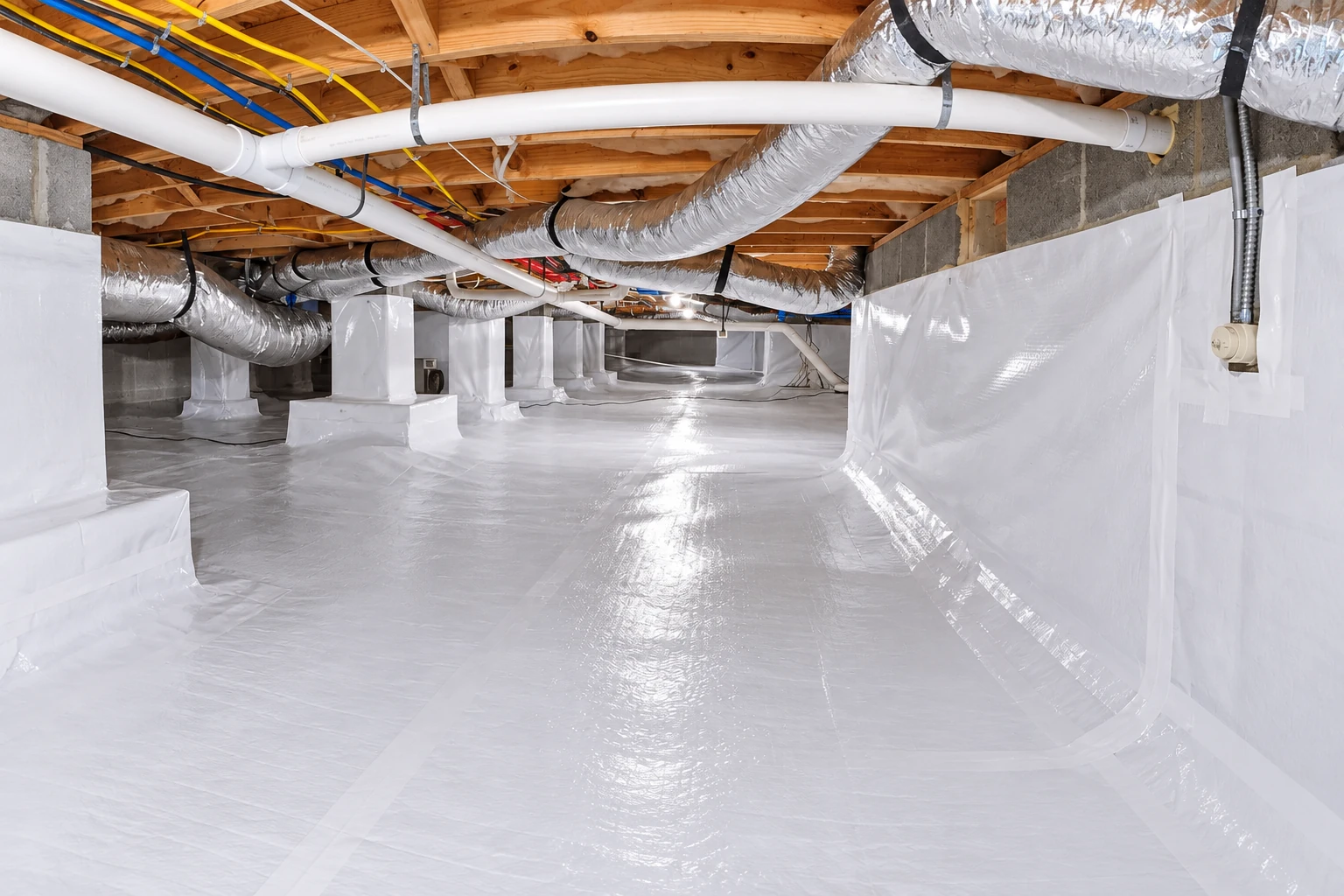 Crawl space with white vapor barrier on the floor and supports, beneath exposed joists and ductwork.