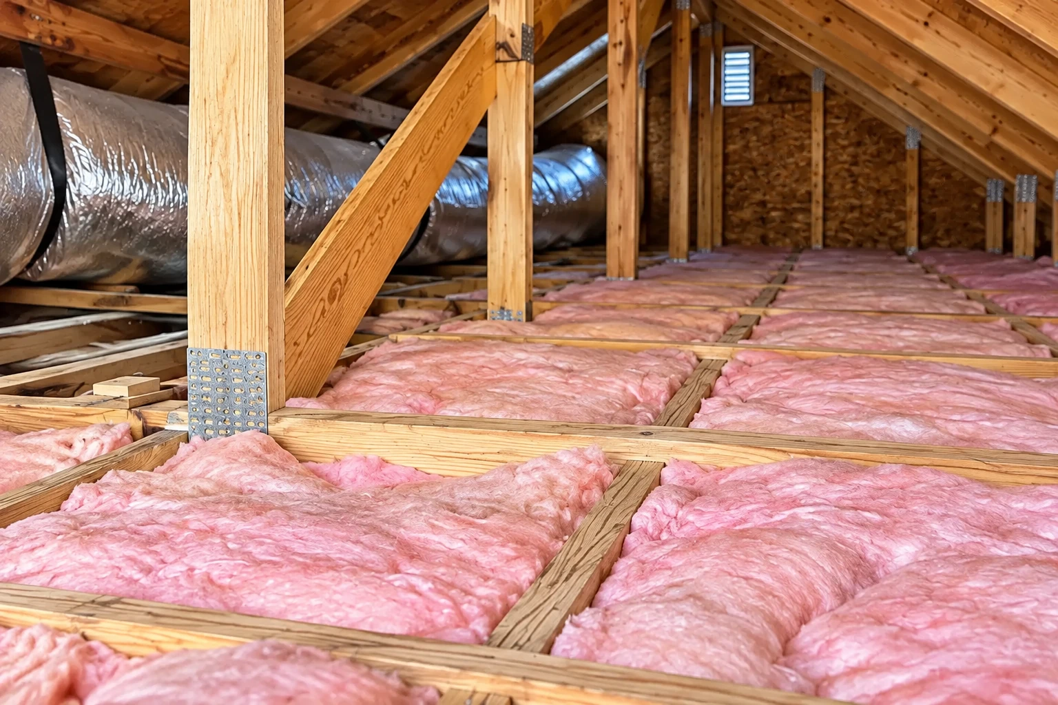 Pink fiberglass batts lie between attic floor joists beneath wooden roof trusses and ductwork.