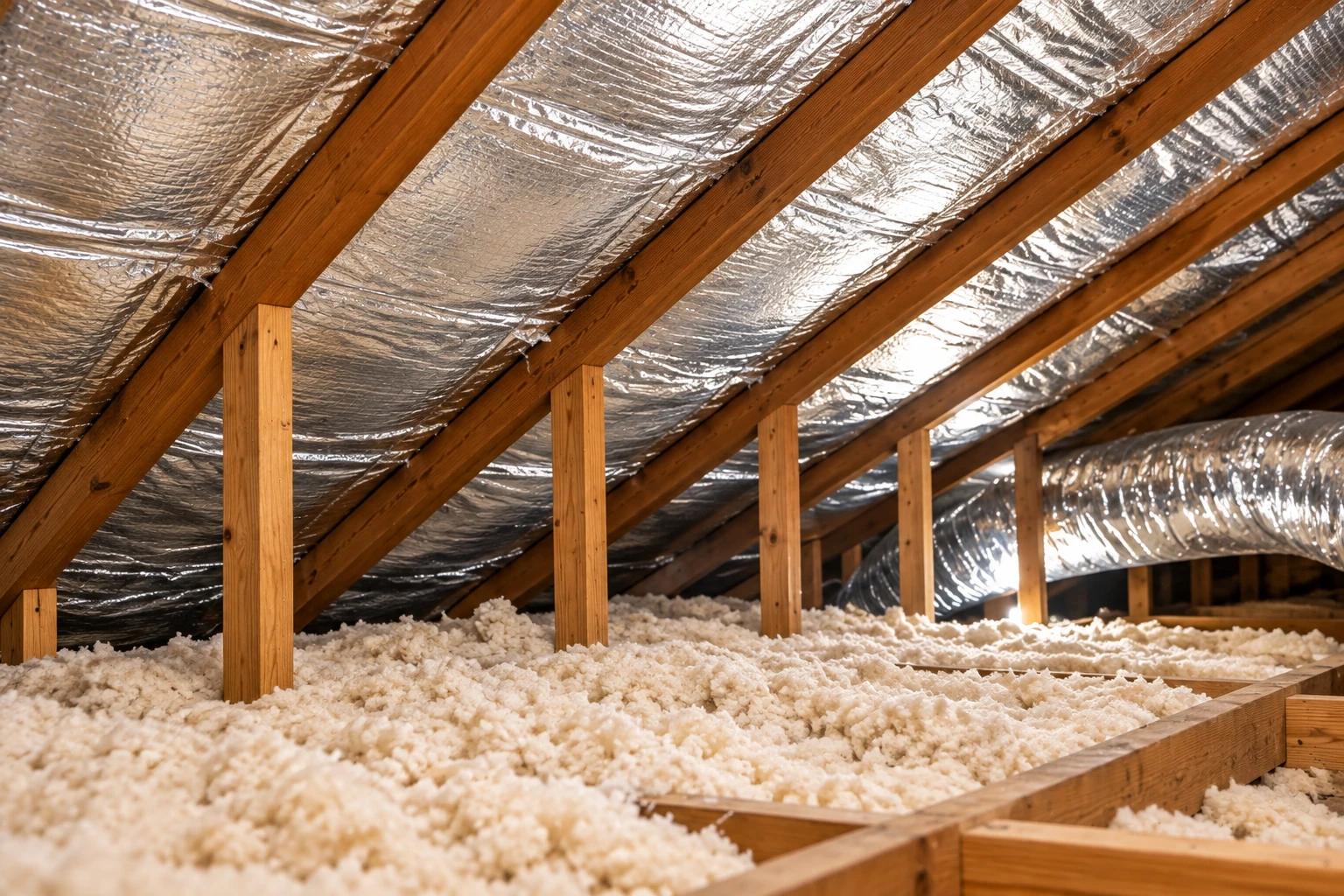 Attic with loose-fill insulation across the floor and reflective foil lining between wooden rafters.
