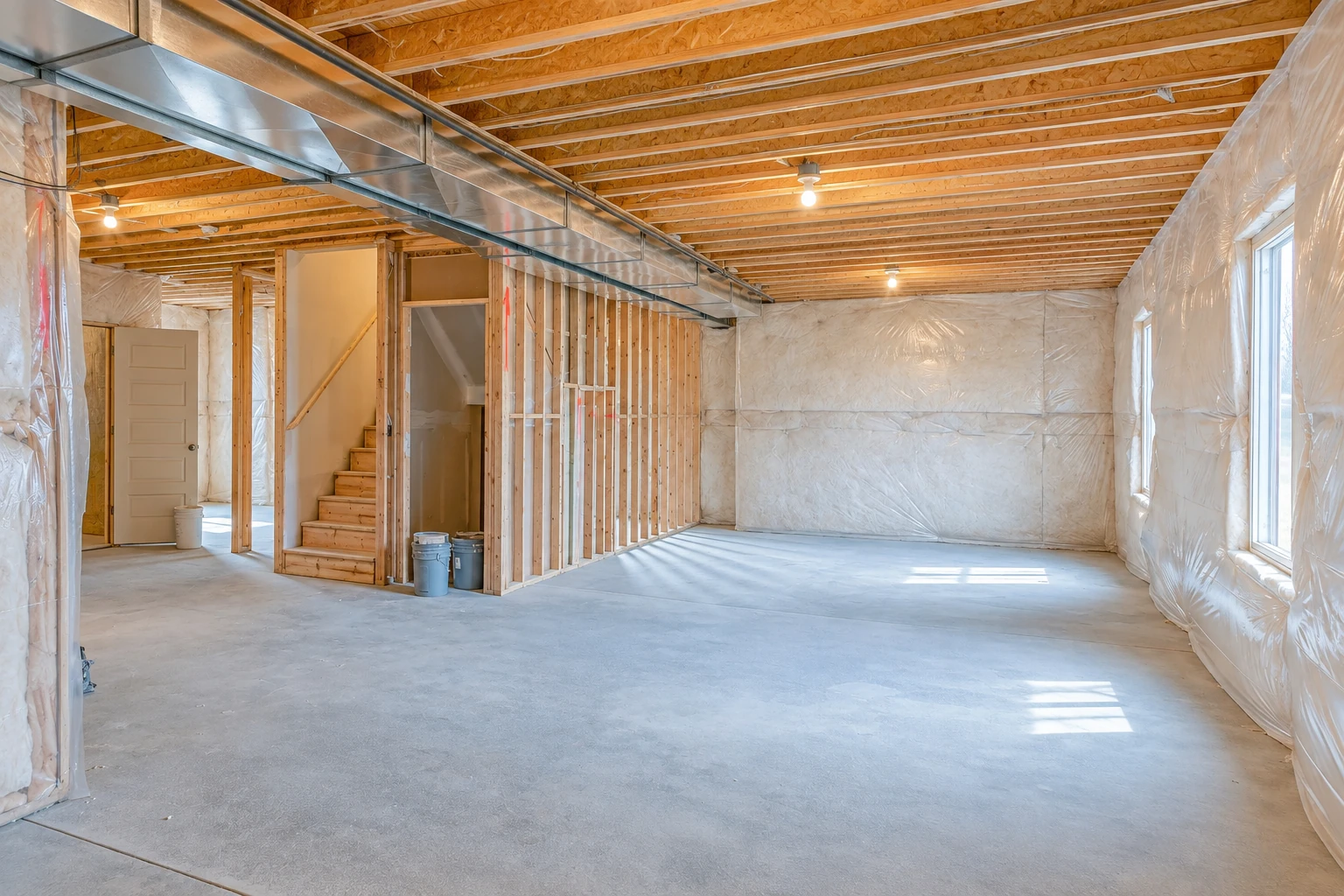 Unfinished basement with plastic-covered walls, exposed ceiling joists, ductwork, and a concrete floor.
