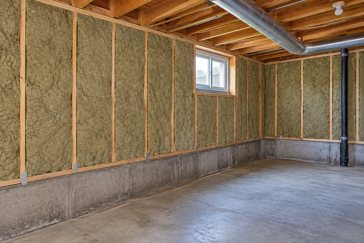 Unfinished basement with olive-colored insulation fitted between wall studs, a small window, and exposed ceiling joists.