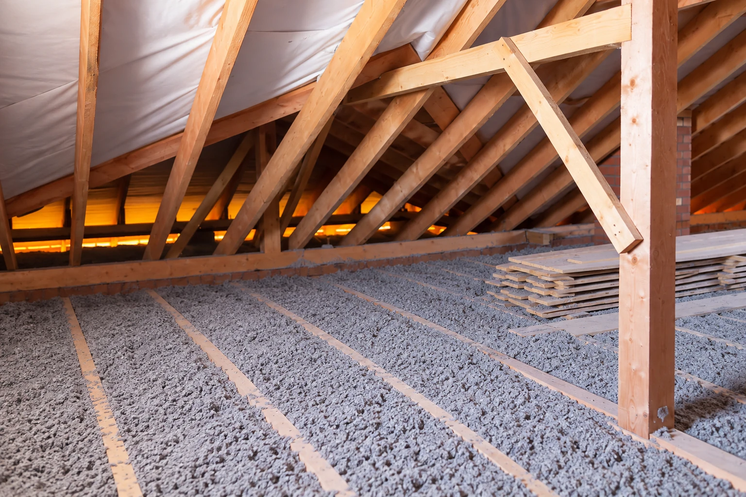 Gray loose-fill insulation covers an attic floor between wooden joists beneath exposed roof trusses.
