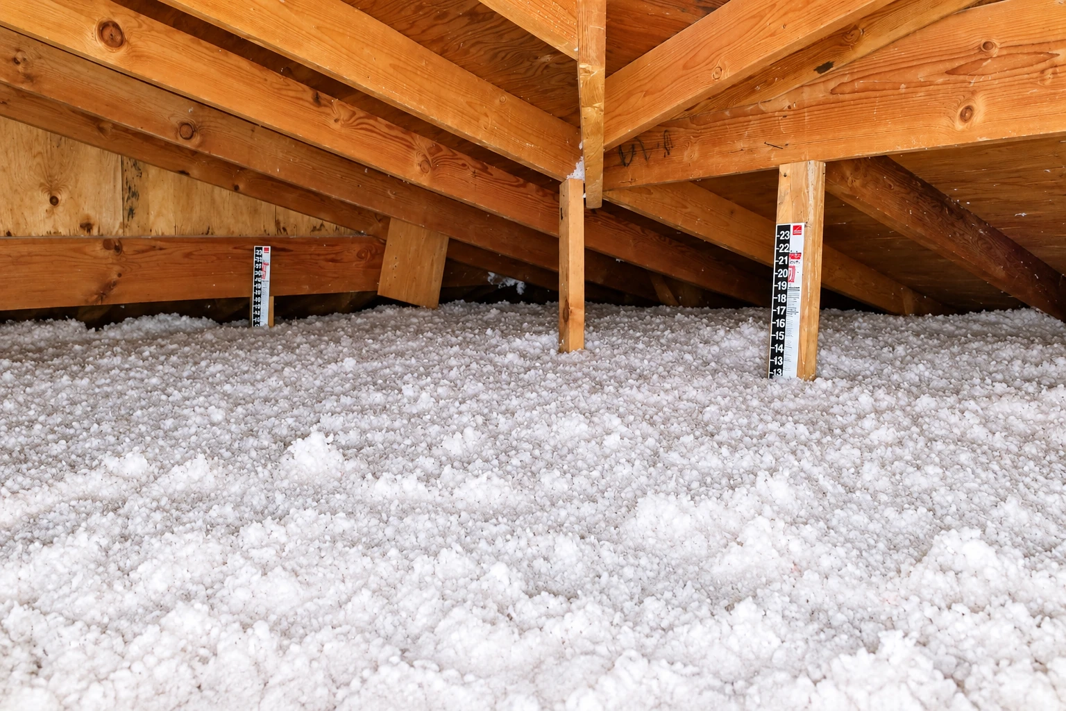 Loose white blown-in insulation blankets an attic floor beneath exposed wooden roof framing.