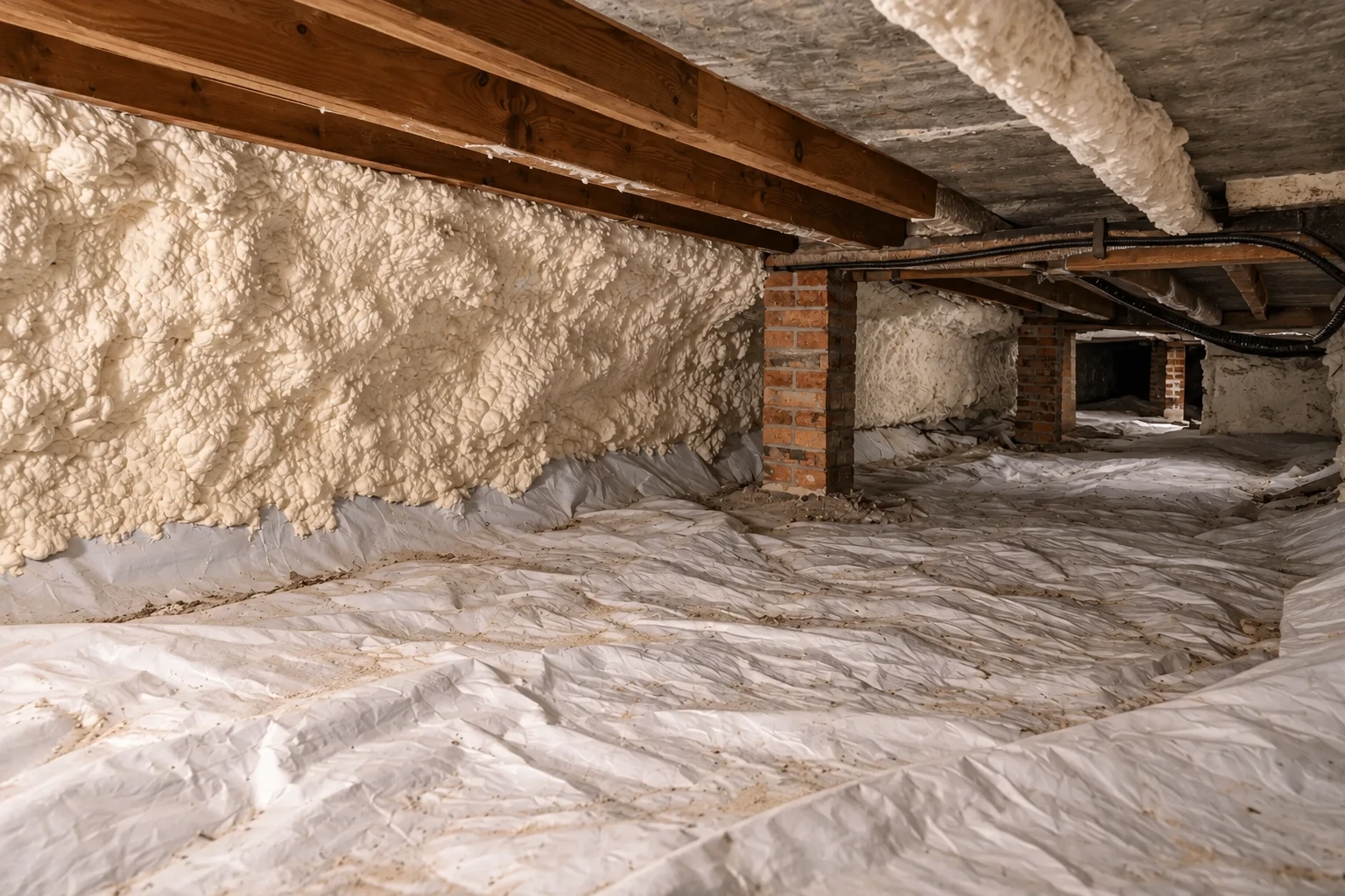 Crawl space with white spray foam covering the walls and underside of the floor, above a plastic-lined ground.