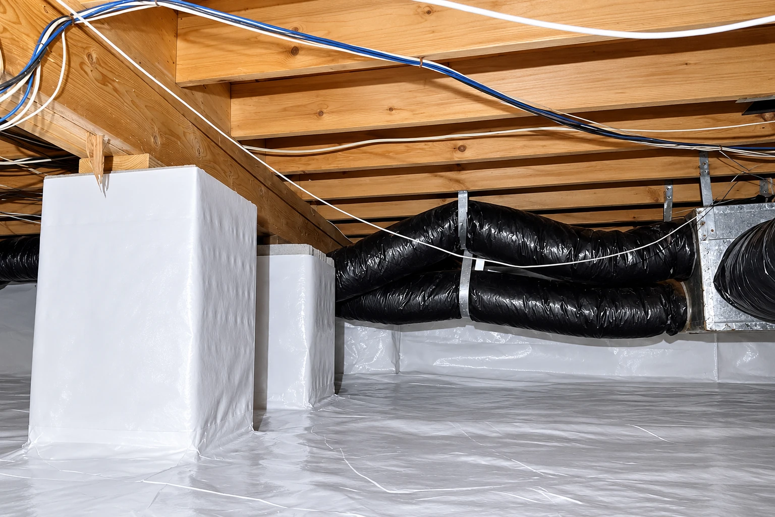 Crawl space with a white plastic ground barrier, insulated support piers and black flexible ducts beneath exposed floor joists.
