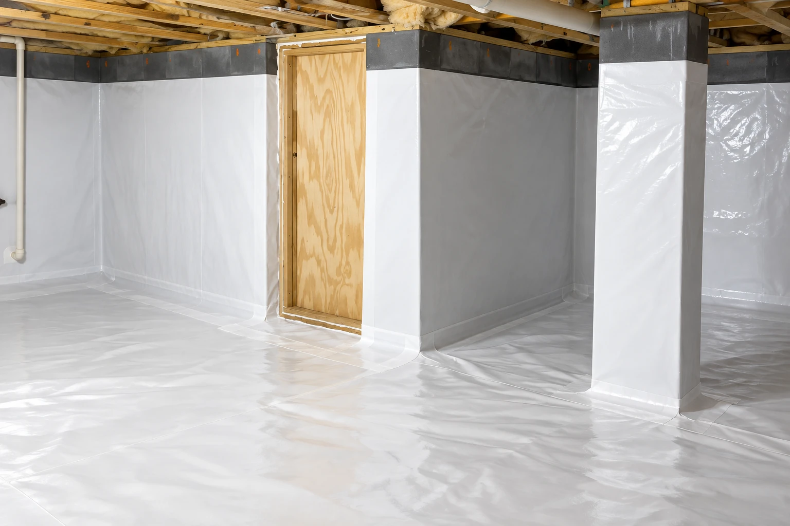 A crawl space floor and foundation walls are covered with a white vapor barrier.