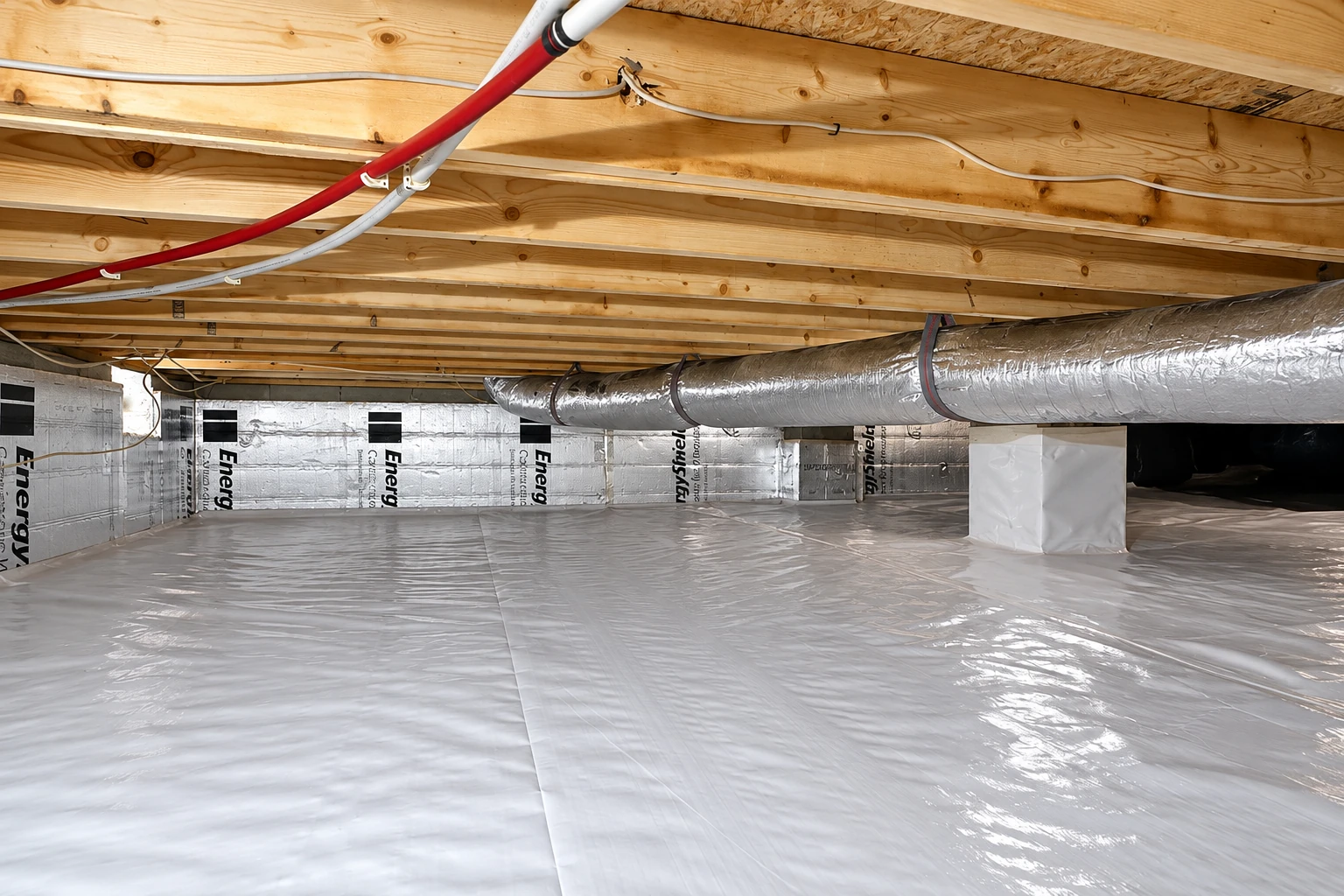 Crawl space with a white vapor barrier across the floor and reflective insulation on the walls beneath exposed joists and ductwork.