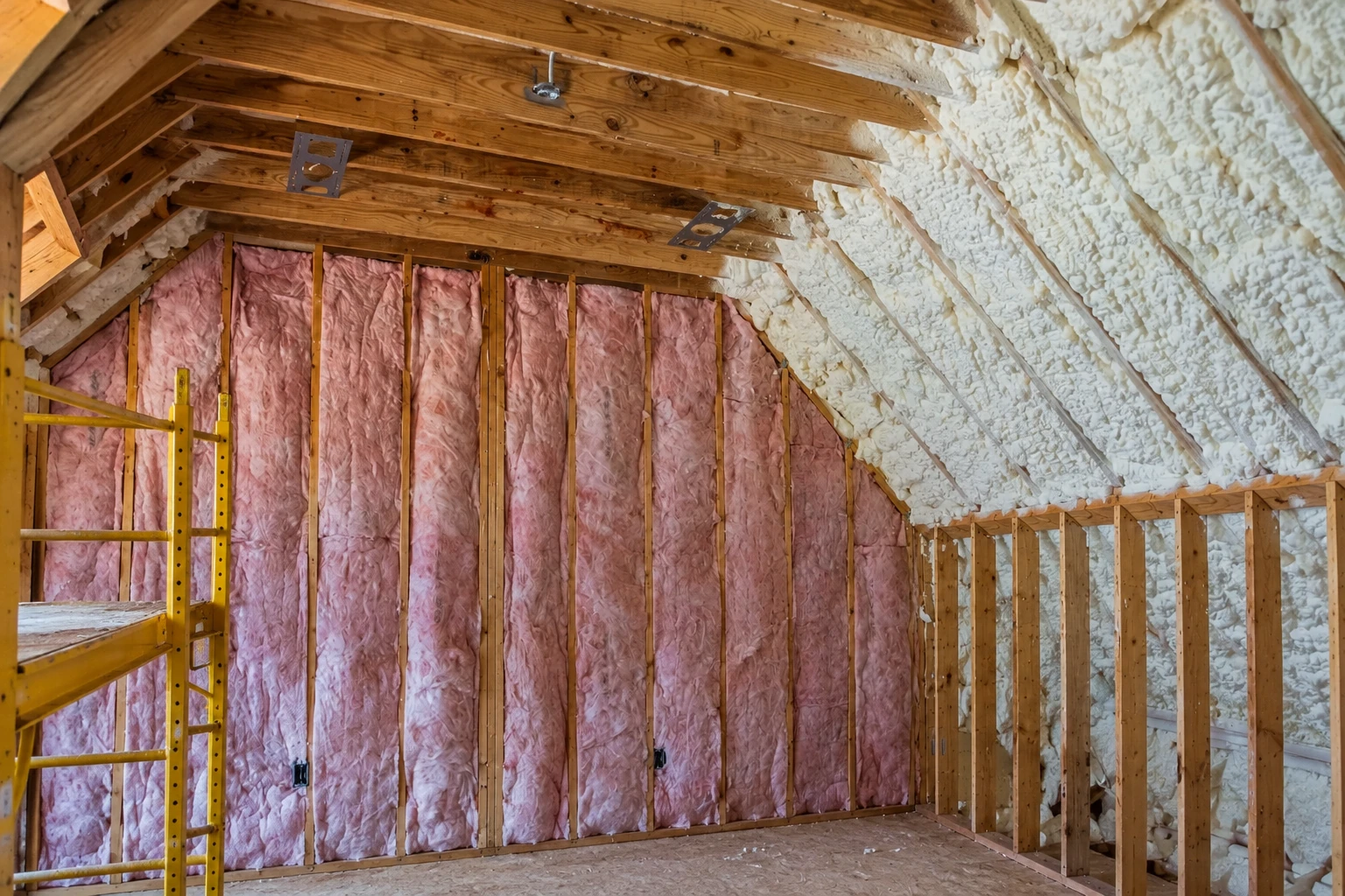 Pink batt insulation fills wall studs while white spray foam covers the sloped roof of an unfinished attic.