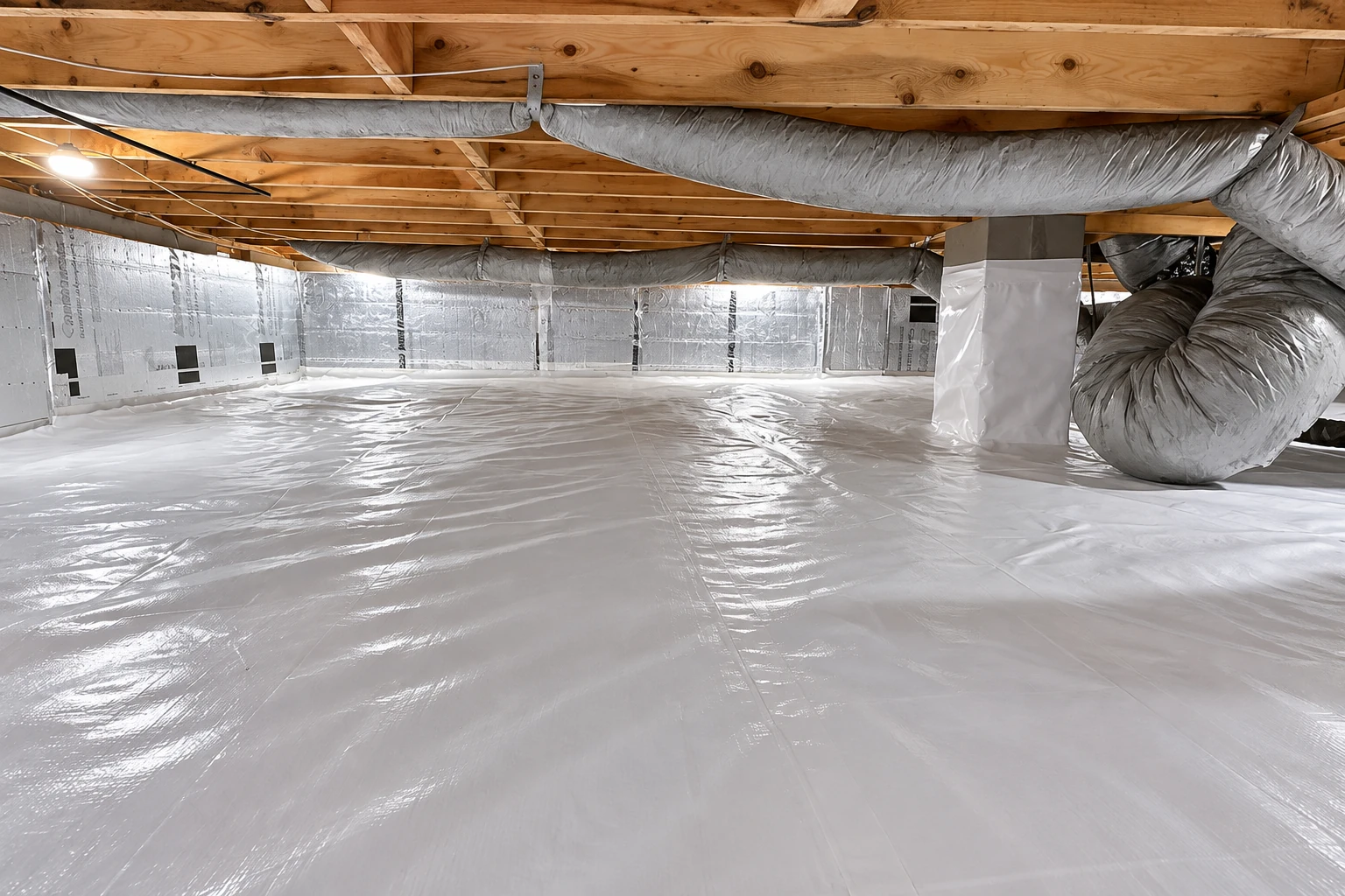 Crawl space with a white vapor barrier covering the floor and walls beneath exposed joists and ventilation ducts.
