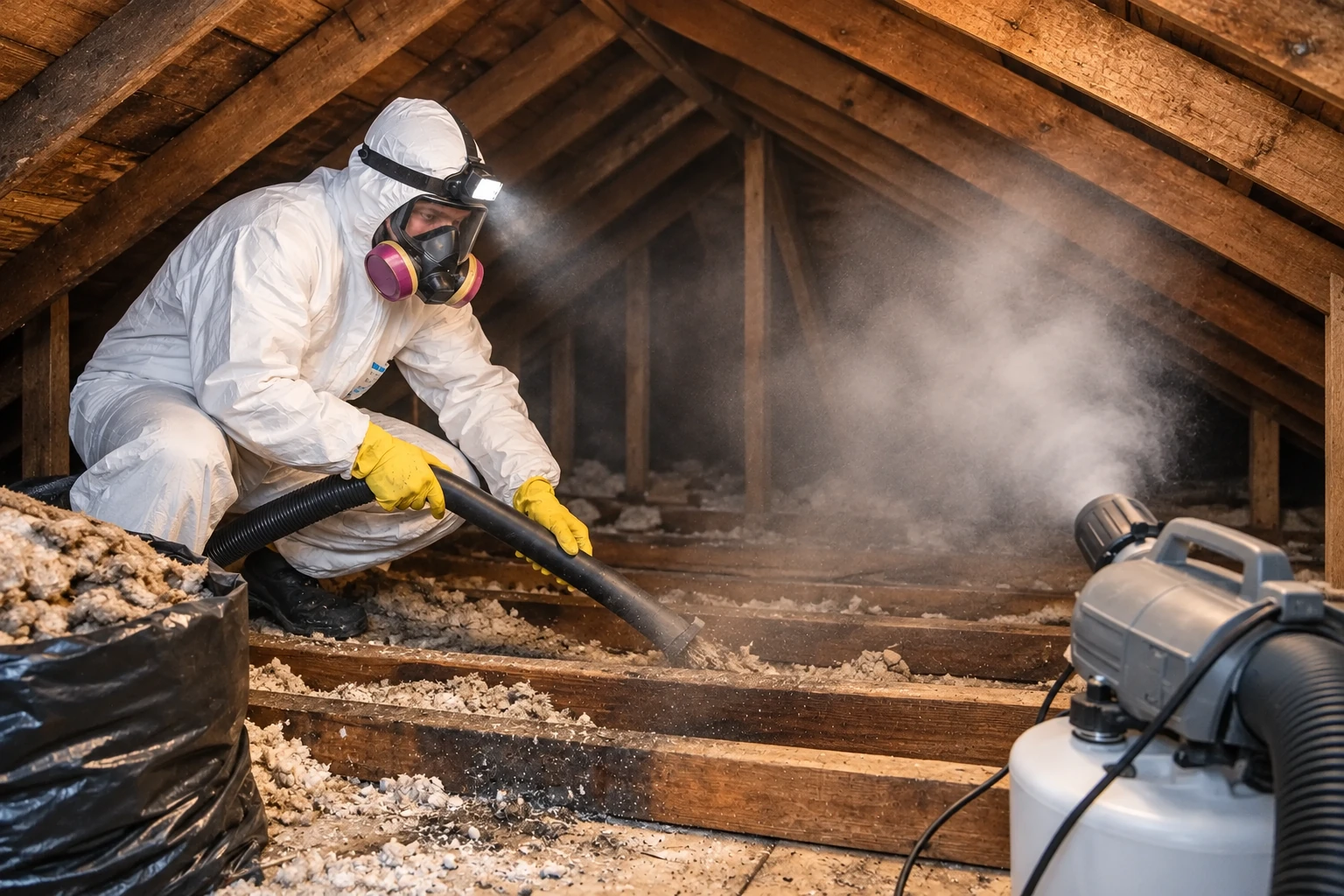 Worker in protective suit and respirator vacuums old attic insulation with a hose as dust hangs in the air.