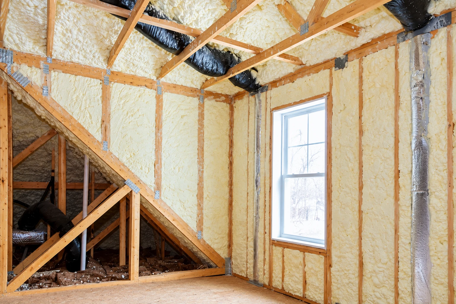 Open-cell spray foam fills the exposed attic rafters and wall cavities around a window and ductwork.