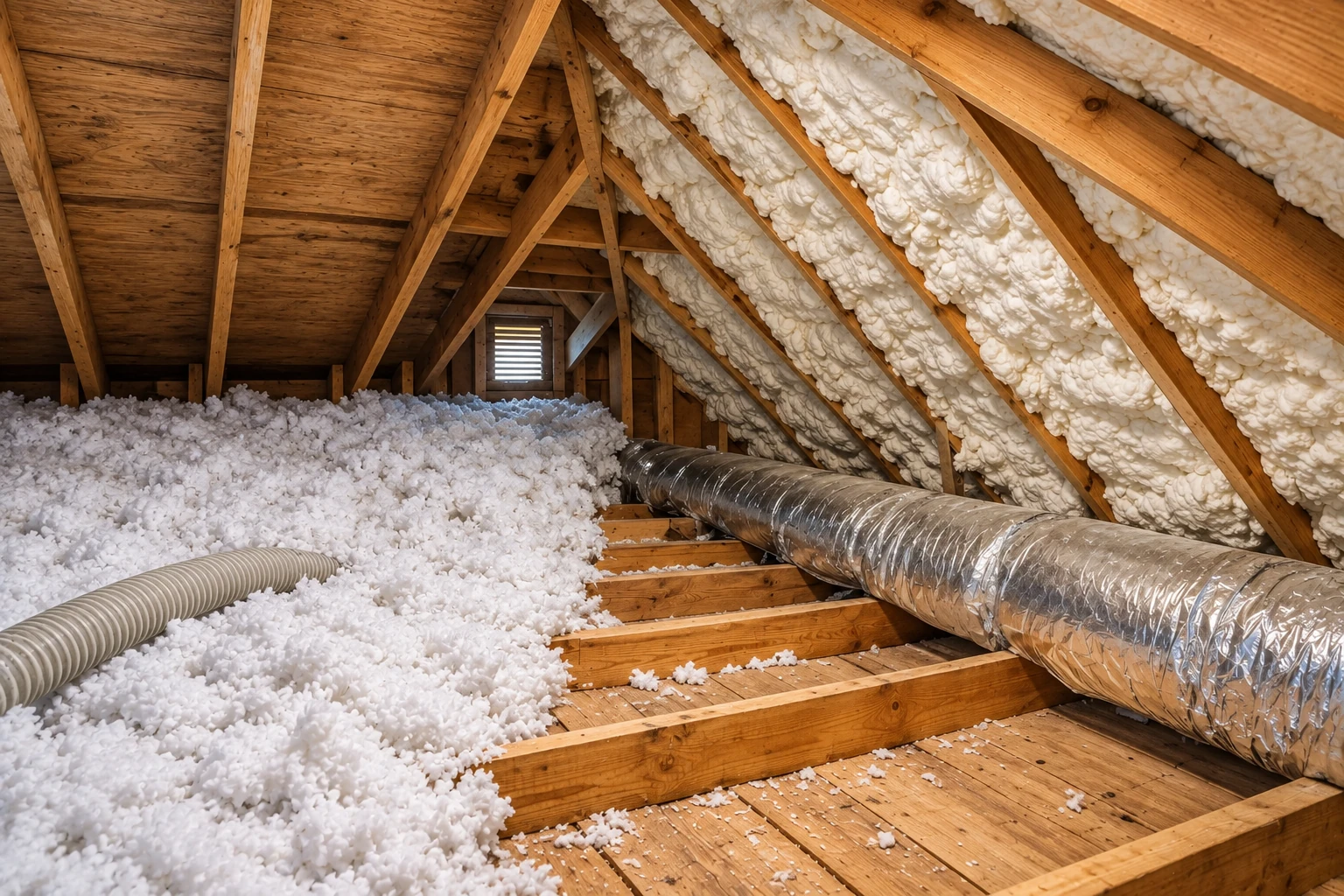 Attic with loose white insulation covering the floor and filling roof rafters, beside a large flexible ventilation duct.