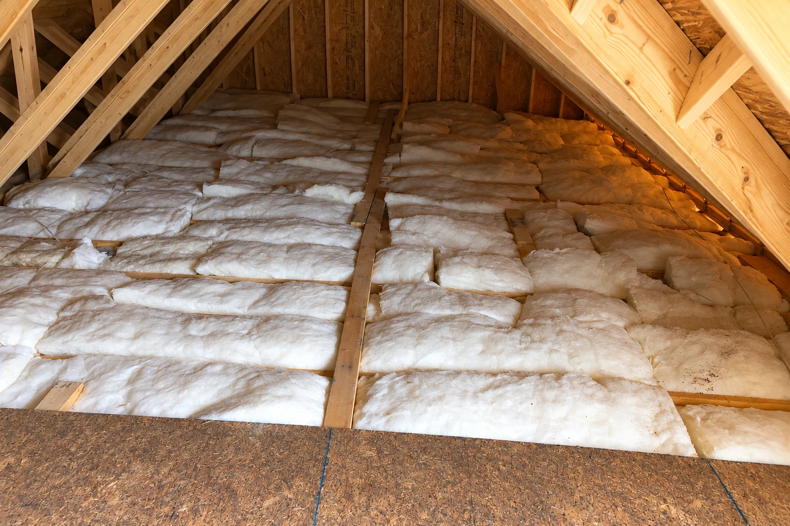 Attic floor covered with white fiberglass batts between exposed wooden roof trusses.