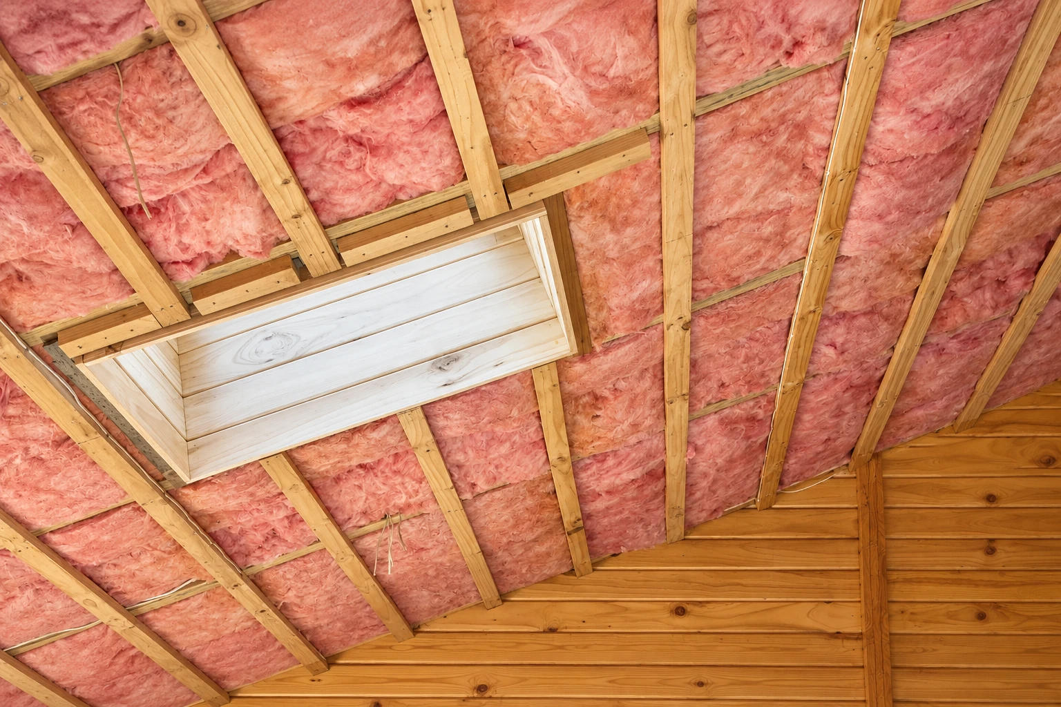 Pink fiberglass batts fill the sloped roof framing around a rectangular attic opening.
