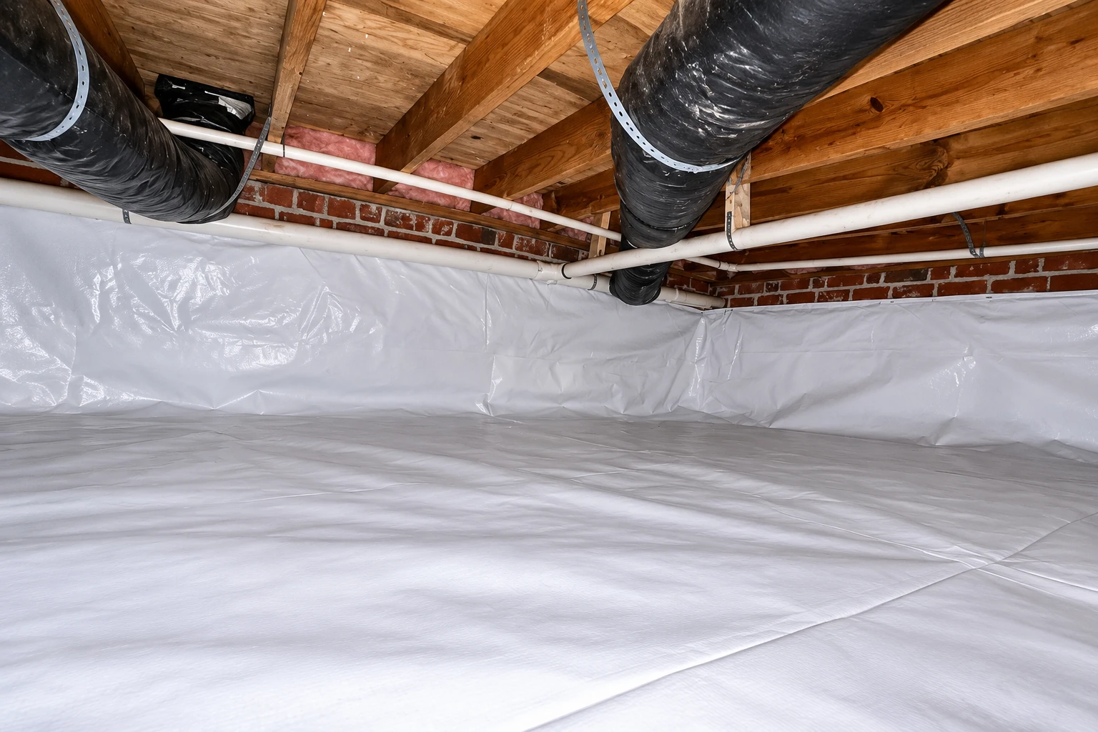 White vapor barrier sheeting covers a crawl space floor and lower walls beneath ducts and pipes.