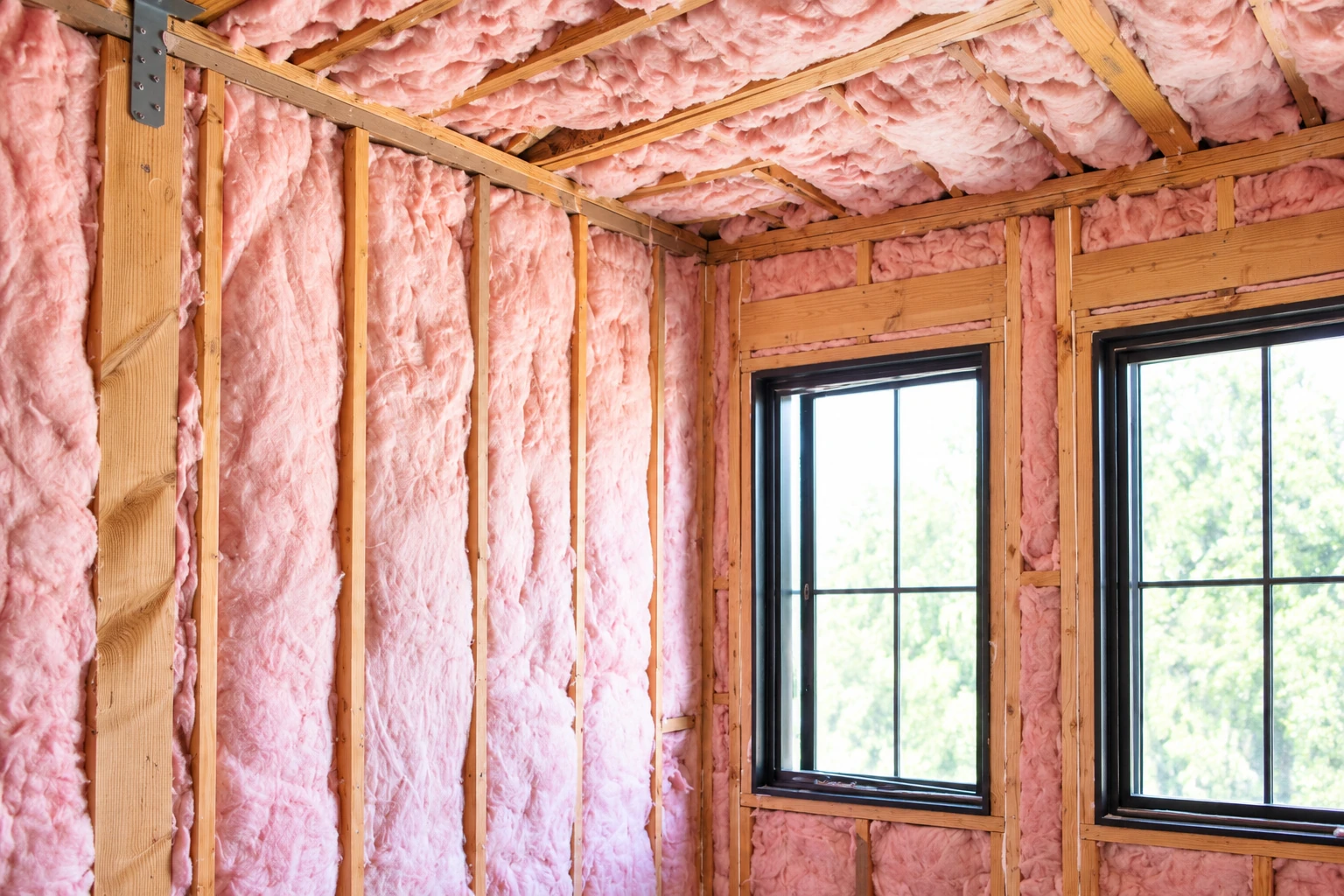 Pink fiberglass batts fill the wall and ceiling framing around two windows.